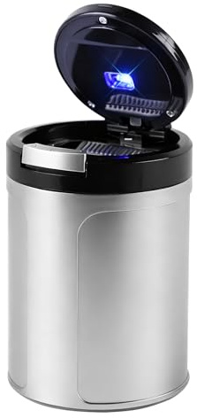 Kytpyi Cenicero Coche, Cenicero con Tapa, Portátil Antiolores Sellado Car Ashtray con Automático Luz LED para Coche, Hogar, Oficina, Balcón (Plata)