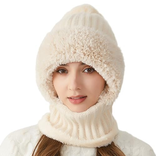 Syglawnd 3-i-1 mössa hatt med halsduk och mask för kvinnor, fleecefoder vinterhattar, stretchig mössa med pom pom beige