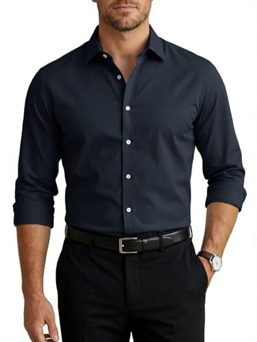 Runcati Camicia da uomo a maniche lunghe, elasticizzata, da uomo, in tinta unita, slim fit, per il tempo libero, facile da stirare, Blu scuro, XXL