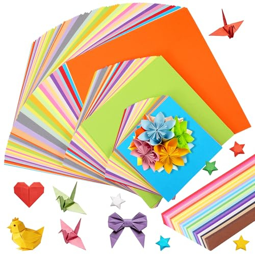Zourglow 840 Fogli di Carta Origami, 20 Colori, Cartoncini Colorati Bifacciale (Quadrato da 10 cm/15 cm/20 cm + Striscia), Carta Artigianale Pieghevole per Origami Fai Da Te e Progetti Artistici Scuol