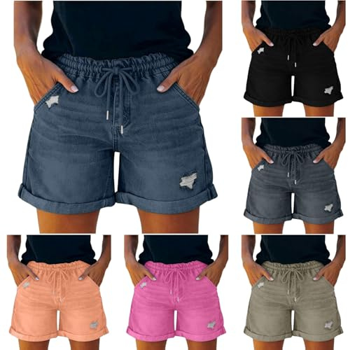 VIYUANH Short Jean Femme Taille Haute Jeans Femme Grande Taille Bermuda Short Femmes Ete Jean Extensible avec Cordon Shorts Baggy Y2K Elastique Pantalon en Denim Court Déchiré Voyager Plage