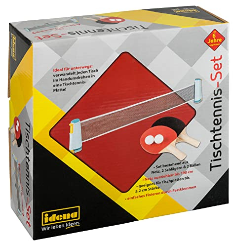 Idena 40204 - Tischtennis Set mit Netz, Zwei Kellen und Zwei Bällen, zur einfachen Montage an Tischplatten, perfekt für Unterwegs, im Urlaub oder im Garten