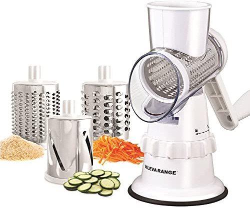 Kleva Sumo Slicer - Cortador multifunción manual con 3 cuchillas de acero inoxidable, Rallador de Tambor Giratorio Queso y verduras