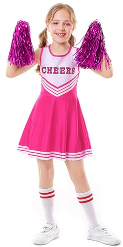 LOLANTA Deguisement Pompom Girl Enfant，Costume Cheerleader Fille de Carnaval avec Pompons(10-11 Ans,Rose,Tag 150)