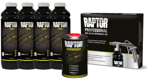U-POL Raptor kit de revêtement de Protection - 4 Bouteilles de 3,79 litres (incluant Le durcisseur), Blanc, avec Le Pistolet Professionnel Raptor à buse réglable