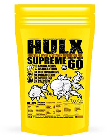 HULX Goldfish Food Sinking Pellets for Big Muscle & Mass Weight Gain, Whey Mixed High Protein 60%, Astaxanthin 7% Fish Food Growth Fast Formula 1.32 Lb.(600 Gram.) 1mm, Healthy, Color Enhancing