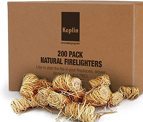 KEPLIN Accendifuoco naturale, confezione da 200 pezzi, in legno, ecologici, accendifuoco a fiamma rapida in cera per legno, sicuri da usare, ideali per stufe, caminetti, barbecue e forni per pizza