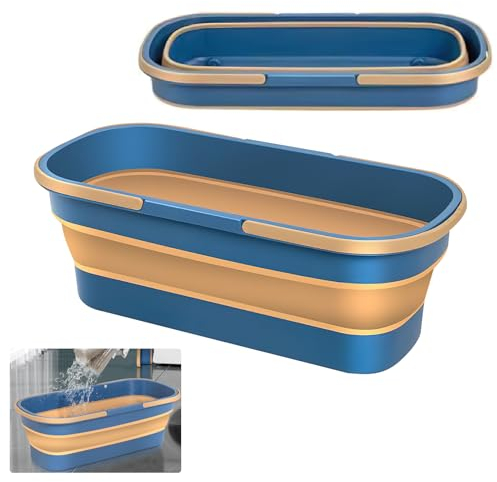 Großer Flachmop Putzeimer, 18L/ 4.5 Gallon Flacher Wischmopp Eimer mit Grif, 2023 Neu Großer Flach Mopp Bodenwischer Großer Silikon-Wassereimer Faltbarer Tragbarer Moppeimer (Blau) (A)