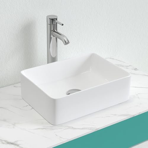 J-FAMILY Modern Bathroom Rectangular Vessel Sink Above Counter Compact Porcelain Ceramic Wash Basin Small Vanity Sink Lavatory Wash Hand Basin,370 x 270 x 115mm