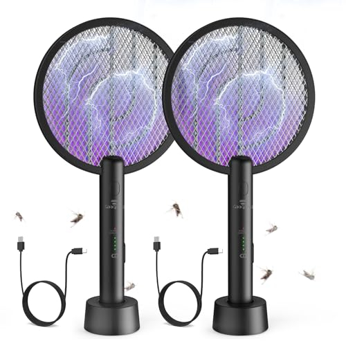 GooQand 2PCS Raquette Electrique Insectes 4000v Puissante Raquette Anti Moustique Rechargeable par USB, Anti Moustiques et Les Insectes Volants Efficace, pour Intérieur et Extérieur-Noir