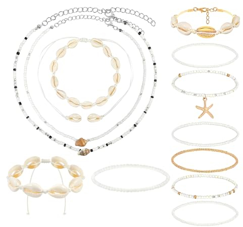 PHOGARY 12 Stück Muschelkette Damen, Muschel Halskette Armband Set mit Boho Choker Kette Damen Böhmischer Stil Perlenarmband Set Fußkette Muschel Dekor Boho Schmuck Kette Muschel