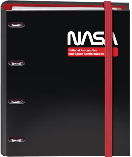 Dohe - Archivador 4 Anillas con Recambio 100 Hojas - Tamaño A4, Cierre con Goma, 4 Separadores de Colores, Sobre Portadocumentos, Papel 90 g/m², Compresor, Material escolar - NASA Black - Negro