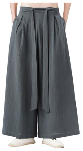 Mymyguoe Japanische Weiche Eisseide Hakama-Kung-Fu-Hose Mit Weitem Saum - Yogahose für Herren, Wushu-Kimono Chinesische Weithose Hip Hop Baggy