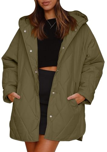 OMZIN Femmes Manteau Léger à Capuche Plus Size Bouton Manteau Unicolore Lâches Vestes Matelassées Armée Vert M