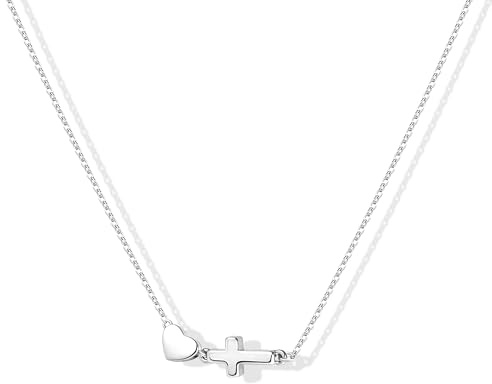 Inerney Cross Heart Necklace for Women, Dainty Sideways Cross Pendant Necklace Sterling Silver Plated Choker Chain, Cute Waterproof Non Tarnish Christian Religious Faith Jewelry Baptism Easter Gift