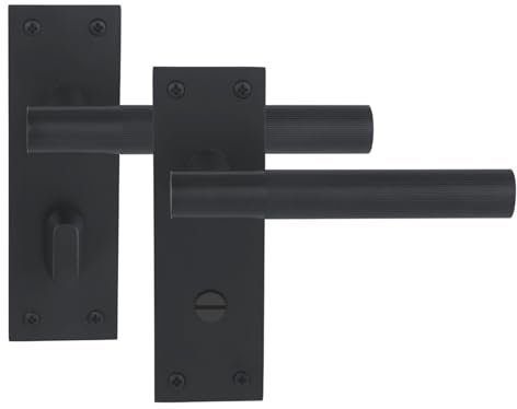 Hunta HANDLEZONE® 1 Pair of Levada Grip Black Matt Designer Bathroom WC Toilet Door Handle Set on Long Flat Backplate, for Internal Doors
