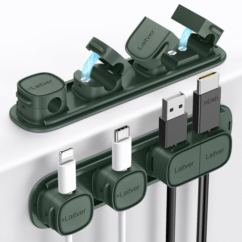 Cable Clips Holders - Laitver 6 Pack [Magnetic Buckle 1s Open/Lock] Cable Tidy Cord Organiser Management, No-Residue Strong Adhesive Desk Wire Charging Cords Keeper for Home, Office- Dark Green