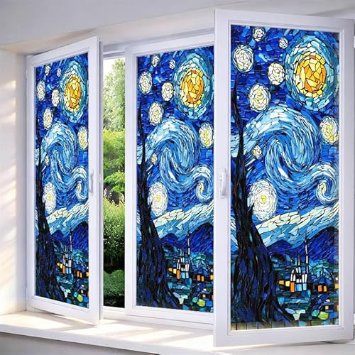 IVN Stained Glass Window Film 17.7x39.3 inch Starry Night Design Window Privacy Film Stained Decals Static Cling Sun Blocking Decor for Home Office Windows Door Glass Partitions