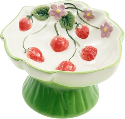 Ciotole per cibo lento per gatti rialzati, per cani di piccola taglia, inclinate di 15°, in ceramica, design fragola, capacità 200 ml, supporto rialzato, rosso e verde (verde)