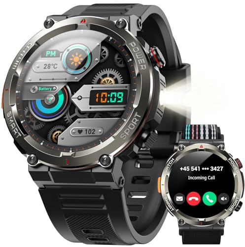 Yxtel Reloj Inteligente Hombre Militar con Linterna LED y Brújula,1.45Smartwatch Hombre con Llamadas Bluetooth,960mAh,123 Modos Deporte, Monitor Cardíaco 24h/SpO2/Sueño, IP68,2 Correas (iOS/Android)