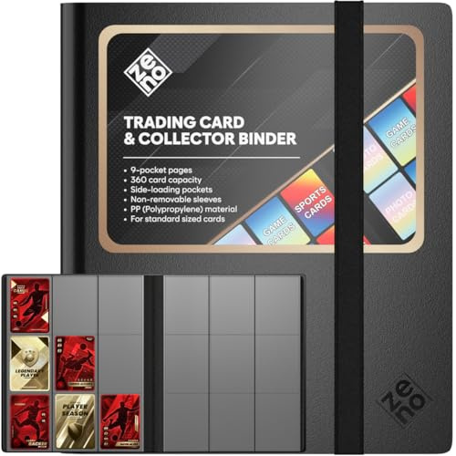 Álbum de Cartas 9 Bolsillos, Capacidad 360, en Polipropileno Resistente | Carga Lateral Evita Caídas, Fundas No Removibles Libres de Ácido y PVC, Compatible con Mazos TCG, Negro