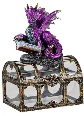 Figura Dragon Morado sobre baul de Resina Pintado a Mano 7x9x13 cm