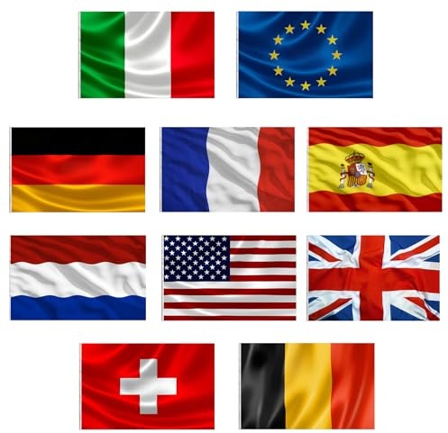 10 Pezzi Bandiere Nazionali con Anelli 150x90 cm.Bandiere del Mondo.Bandierine Nazioni Mondo da Esterni/Interni.Set Include:UE,Italia,Germania,Spagna,Francia,Olanda,Belgio,Svizzera,USA,Regno Unito