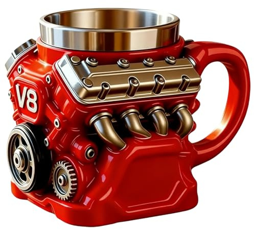 Siuwddee Taza De Café Con Motor V8, Taza De Café Retro De Acero Inoxidable Con Motor V8 Tazas Mecánicas De Acero Inoxidable Para Hombres, Para Amantes De Los Coches Como Regalo Para Hombres Y Padres