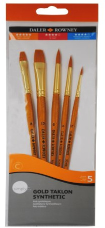 Daler-Rowney Simply Gold Taklon Synthetic Hair Acrylic Brush Set with Short Handles, 5 Assorted Brushes, For Entry-Level Artists & Hobbyists