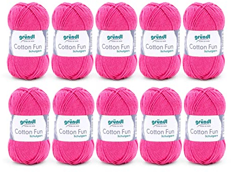 Gründl Wolle Cotton Fun - Wolle zum Häkeln - Strickgarn - Häkelgarn - Pflegeleicht und hautfreundlich - 100% Baumwolle - 10 Knäuel 50 g / 115 m - Nadelstärke 3-4 - Fuchsia