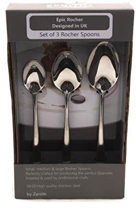 Rocher Chef Professional Catering Spoons Set of 3, Small, Medium and Large, 18/10 Rocher Spoons, Stainless Steel, Perfect for Producing a Rochelle and One Handed Quenelle Spoon Set