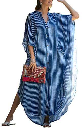 Bsubseach Traje de baño de rayas azules de las mujeres Cover Ups Plus Size Caftán Vestidos Button Up Beach Kaftan Camisa Vestido