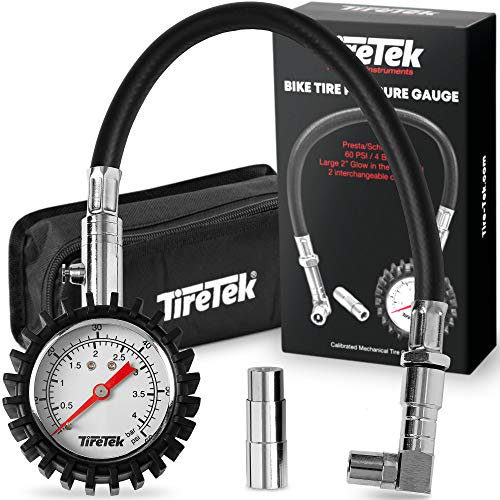 TireTek Mountain Bike Presta Tire Pressure Gauge, 60 PSI w/Interchangeable Presta Valve & Schrader Valve Air, Easy to Read Glow Dial Bike Tire Gauge w/Storage Pouch for Any Mountain Bike Accessories
