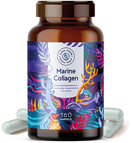 Collagene Marin et Acide Hyaluronique | 160 Gélules | Collagen Hydrolysé Pur avec Spiruline Bleue & Elastine Marine | Collagène Peptides (Type I, II, III & IV) | Peau, Cheveux et Ongles | Alpha Foods