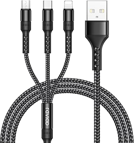 RAVIAD Câble Multi USB, 3 en 1 Câble Universel [1.2M] Multi USB Câble de Chargement en Nylon avec Micro USB Type C Lightning Câble pour iPhone, Samsung Galaxy, Huawei, Honor, OnePlus- Noir