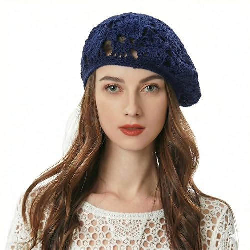 ZLYC Säckig virkad basker i bomull, dam, handgjord, utskuren, blommig mössa, beanie, hatt, one size