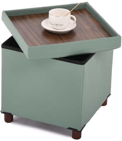 Dorriss Storage Ottoman, Ottoman with Storage for Living Room Square Ottoman with Tray Lid Bedroom Storage Footstool Cube Small Ottomans Foot Rest Stool with Legs Foldable Faxu Leather 15 Inches