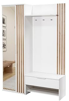 BETTSO -Flurgarderobe Flurmöbel Breit Garderoben mit Spiegel I Garderobenpaneel Wandgarderobe mit Ablage und Schuhschrank I Garderobenschrank Flur-MOLO (Weiß+Wotan+Lamelen)