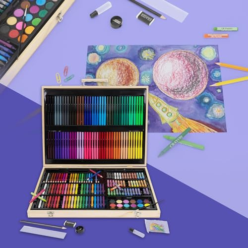 ECD Germany Set per Pittura e Disegno da 220 Pezzi con Valigetta di Legno Scatola per Dipingere XXL per Bambini e Adulti Set per l'Arte Colori Acrilici Pastelli a Cera Acquerelli Set da Artista