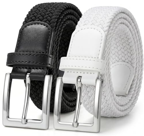 JasGood 2 Stück Geflochtener Elastischer Gürtel für Damen Herren, Unisex Stoffgürtel Stretchgürtel Dehnbarer Gürtel für Jeans Hosen,Schwarz+Weiß,130cm