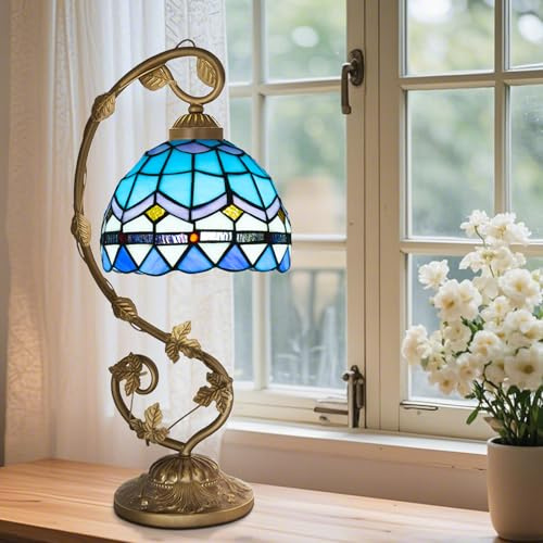 Ppbmocw Tiffany Style Table Lamp,Blue Sea,3 Color Temperatures,8 inch | Small Stained Glass Lamp For Bedside,Living Room,Bedroom,Reading,Traditional Light,Vintage Art Deco Lamps,Holiday Gifts