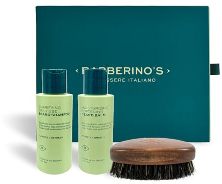 Set Cura della Barba Barberino's - Shampoo Barba 100 ml, Balsamo Barba 100 ml, Spazzola in Legno Wengè