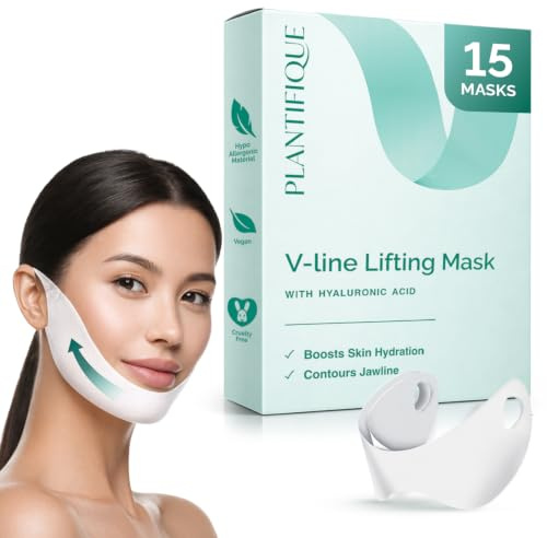 PLANTIFIQUE V-Line Collagen Mask för Ansiktet – 15-pack – Hakband för Kvinnor & Män – V-Line Lyftande Mask med Kollagen & Hyaluronsyra – V-Formad Ansiktsmask för Fastare Hud på Haka & Hals