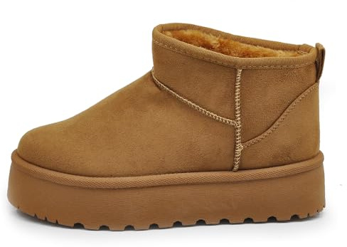 IF Stivali Stivaletti Mammut Da Donna Alla Caviglia Con Pelo Pelliccia Platform Zeppa Camoscio Sintetico R-17 Camel N.38
