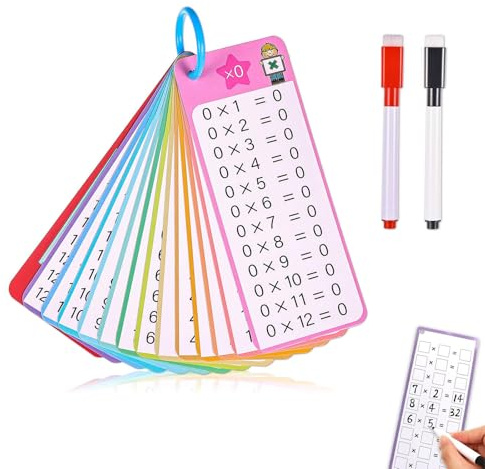 Times Tables Math Flash Cards With 2 Dry Erase Pens - 0-12 Multiplication Chart for 1st to 3rd Grade Learning Game