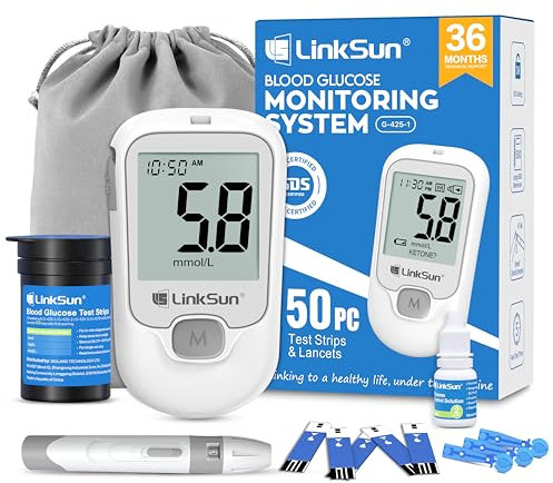 LinkSun G-425-1 Blood Glucose Monitor Kit, Blood Sugar Monitor with 50 Test Strips, 50 Lancets, 1 Glucometer, 1 Lancing Device, 1 Control Solution, No Coding, Time-Stamped Results, Results in mmol/L