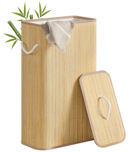 SONGMICS Cesto Portabiancheria con Coperchio, 60 L, Porta Biancheria in Bambù, Rettangolare, Manici, Pieghevole, Sacco Interno Rimovibile e Lavabile In Lavatrice, Naturale LCB076YZ01