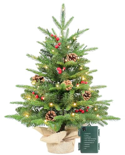 Kadunmina 2ft Pre-lit Table Top Christmas Tree, Small Artificial Xmas Tree with 50 LED Lights/177 PE&PVC Tips/Berries&Pinecones, 24 Inch Mini Tree with Burlap Base for Holiday Indoor Decor, 8 Modes
