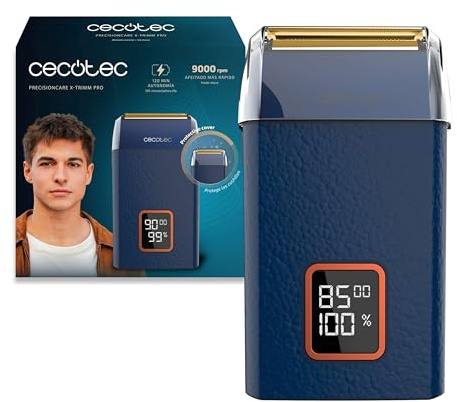Cecotec Rasoir à Lame Professionnel PrecisionCare X-Trimm Pro. Corps en Cuir, Moteur 9000 tr/min, 3 Vitesses, Lames en Titane, Écran LED avec% de Batterie et RPM, Autonomie 2h, Couvercle
