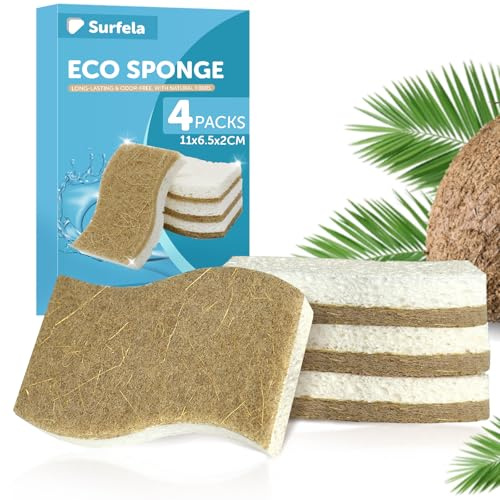 Eco Washing Up Sponge 4 Pack, Compostable & Biodegradable Kitchen Sponges, Natural Coconut & Cellulose Dish Sponges, Non Scratch Heavy Duty Cleaning Scourer